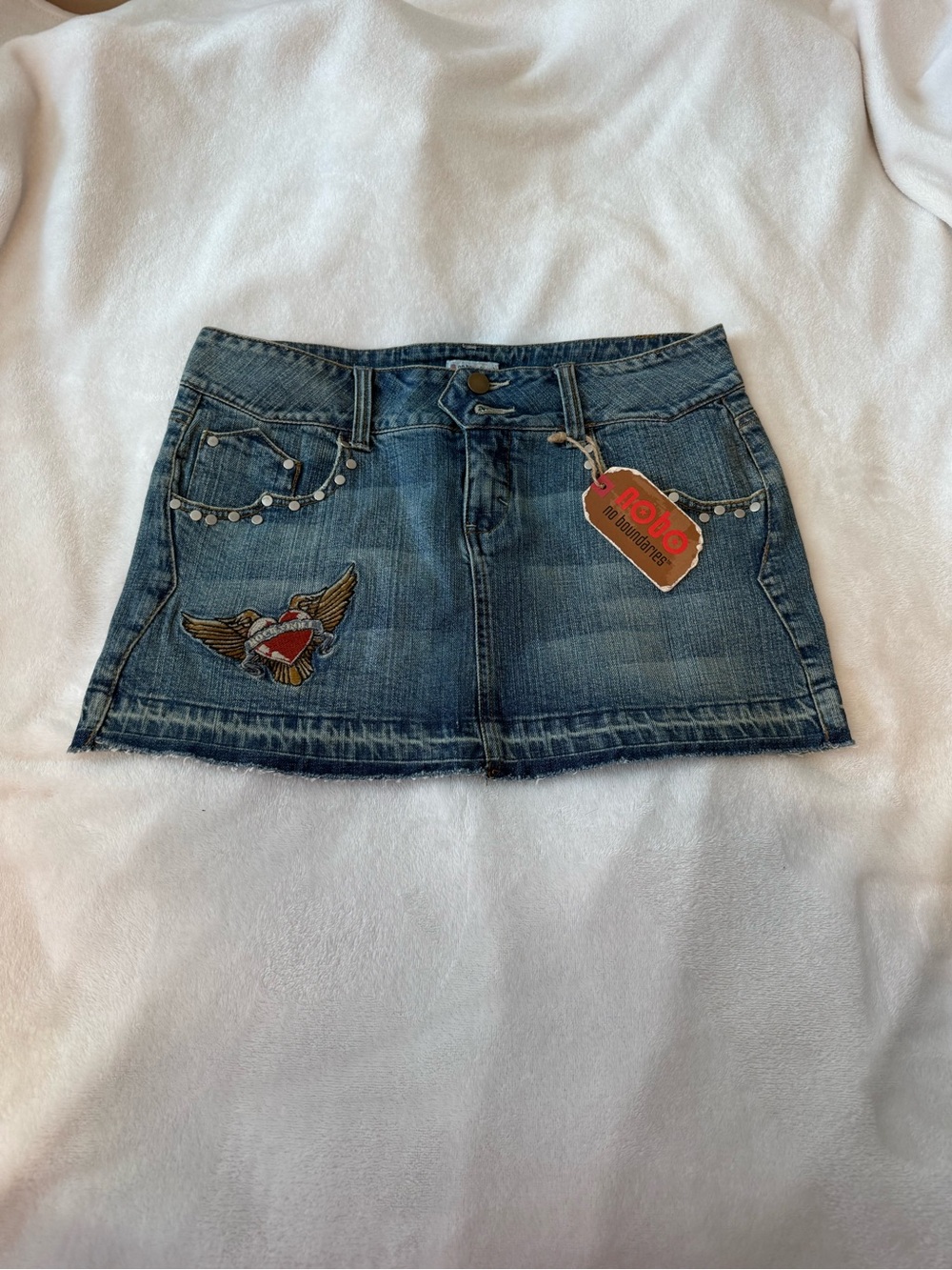 Denim Mini Skirt with Embroidered Heart & Wings Detail - Blue